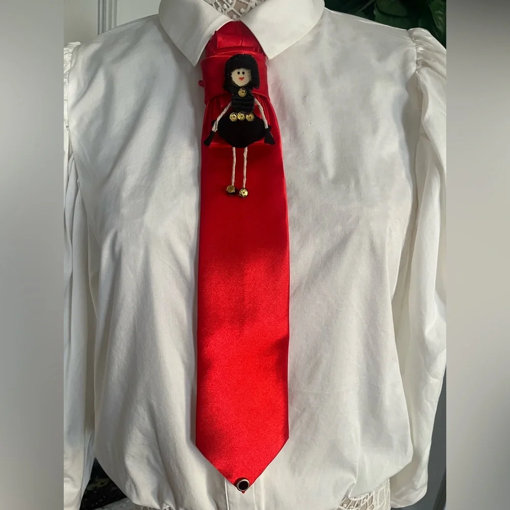 NWT Red women Tie with handmade Doll brooch and pin Accessory